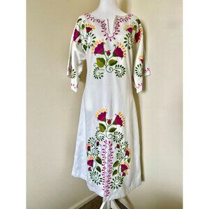 Vintage 1960s Short Sleeve Traditional Mexican Dress In Floral Embroidery